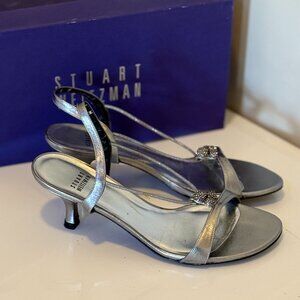 Stuart Weitzman Silver Leather Strappy Slingback - Low Heel - Size 8
